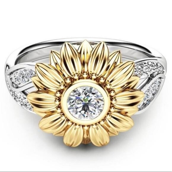 18K YELLOW & WHITE GOLD DIAMOND SUNFLOWER RING, CUTE RING, SHINY RING. - Picture 2 of 3